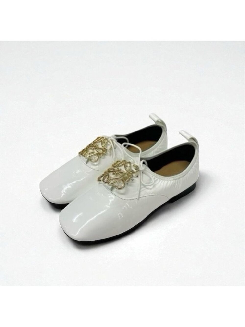 Loewe Flat Shoes Patent White Gold Anagram Soft Derby Lace Up